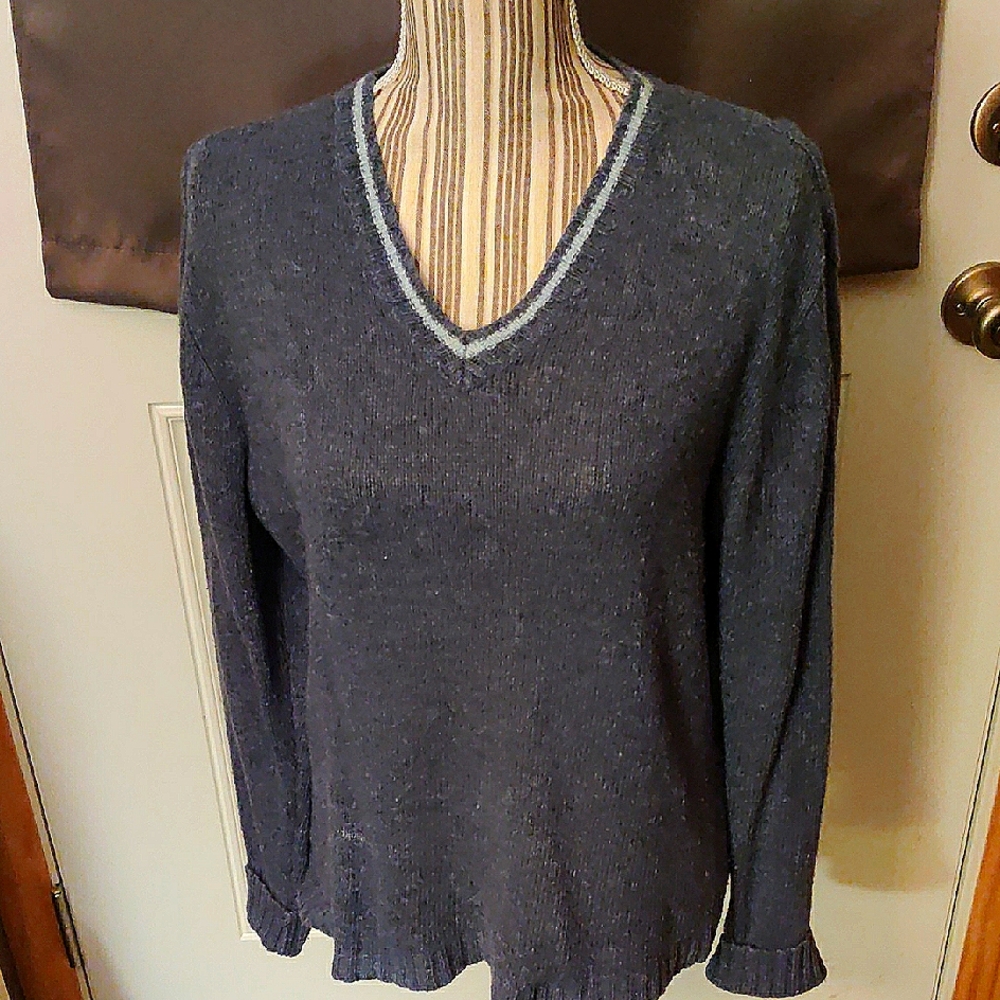 Faded Glory Women's V-Neck Sweater - 💙 Blue with sky blue trim,  Wool 🦙